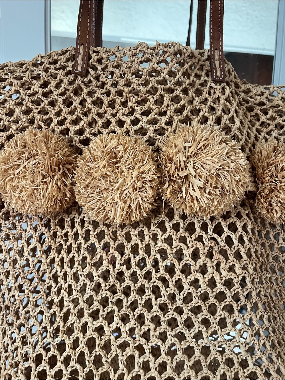 Mar Y Sol Tan Pom-Pom Tote Bag with Brown Handles - Picture 2 of 5